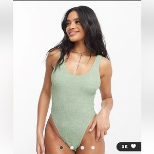 BRAND NEW ASOS DESIGN crinkle low back swimsuit in khaki